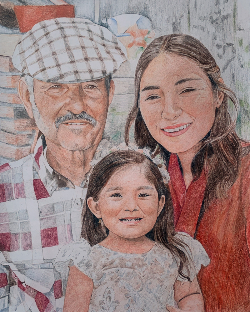 Colored pencil drawing of a grandfather, daughter, and granddaughter.