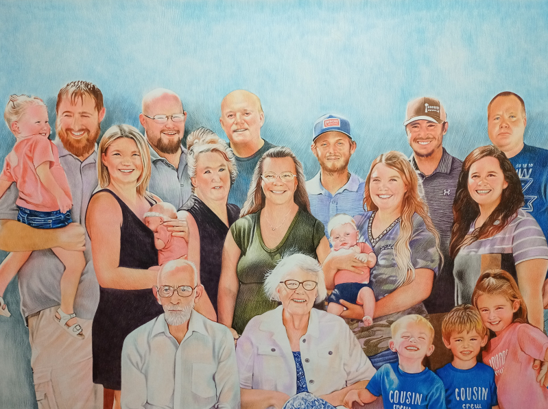 Large family portrait, colored pencil drawing.