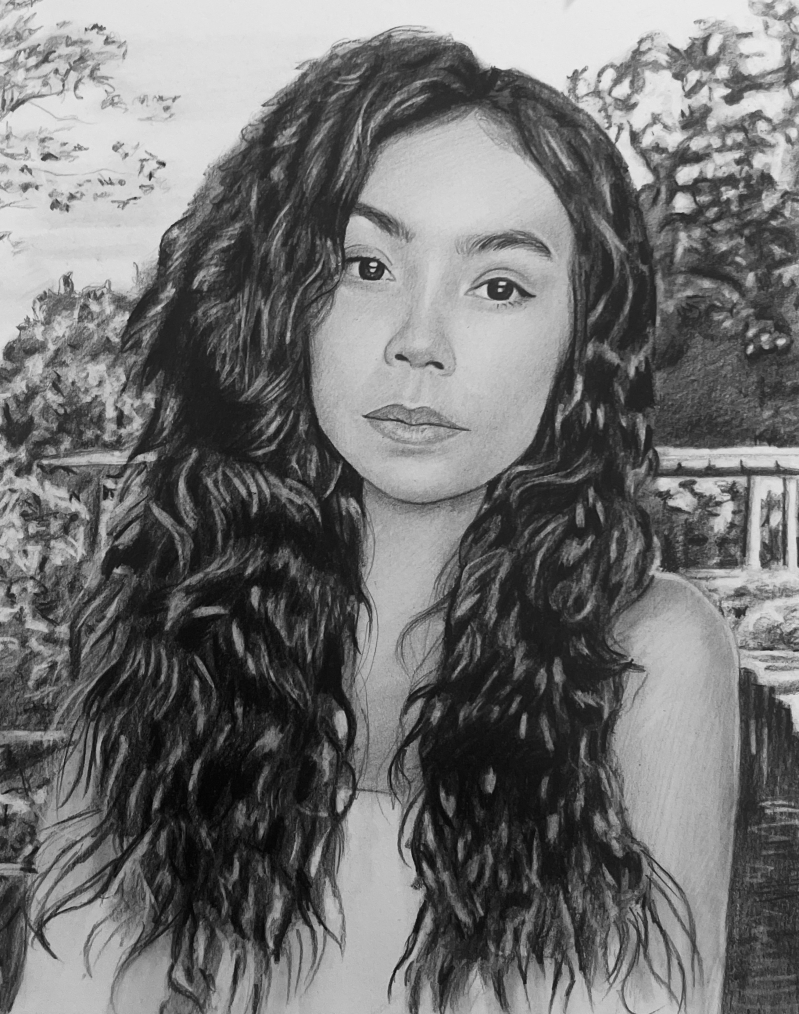 Black and white pencil sketch of a young woman with long, curly hair.