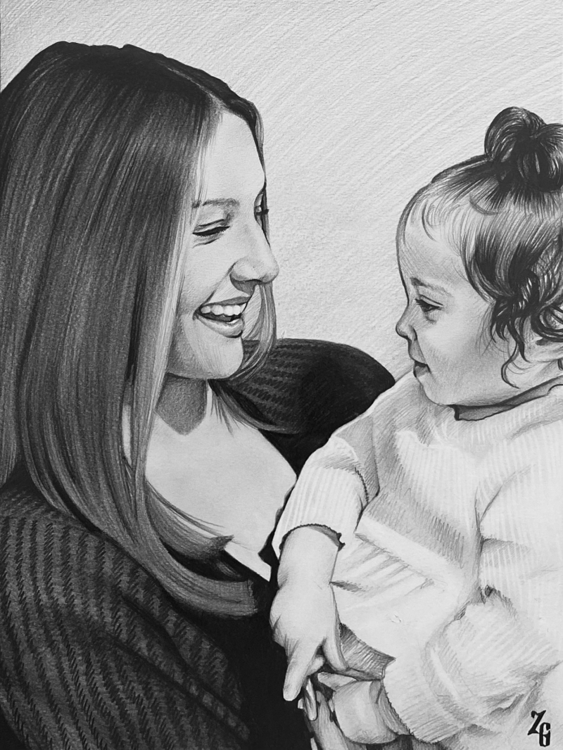 Black and white pencil drawing of a smiling woman holding a toddler.