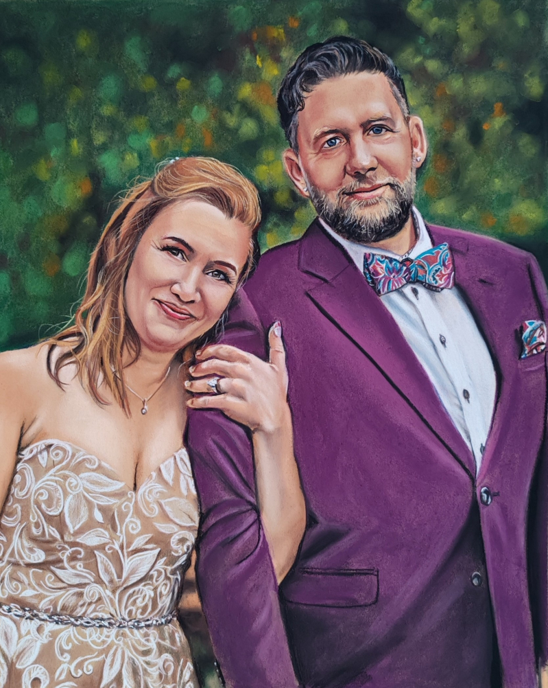 Pastel portrait of a bride and groom.