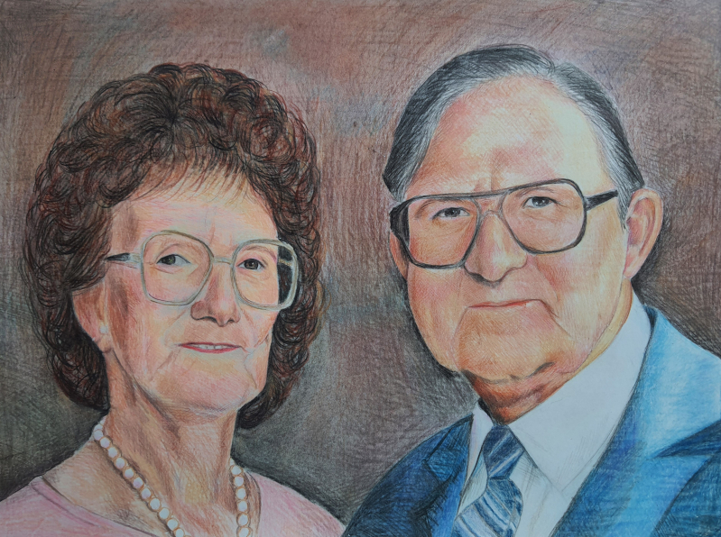 Colored pencil portrait of an elderly couple.
