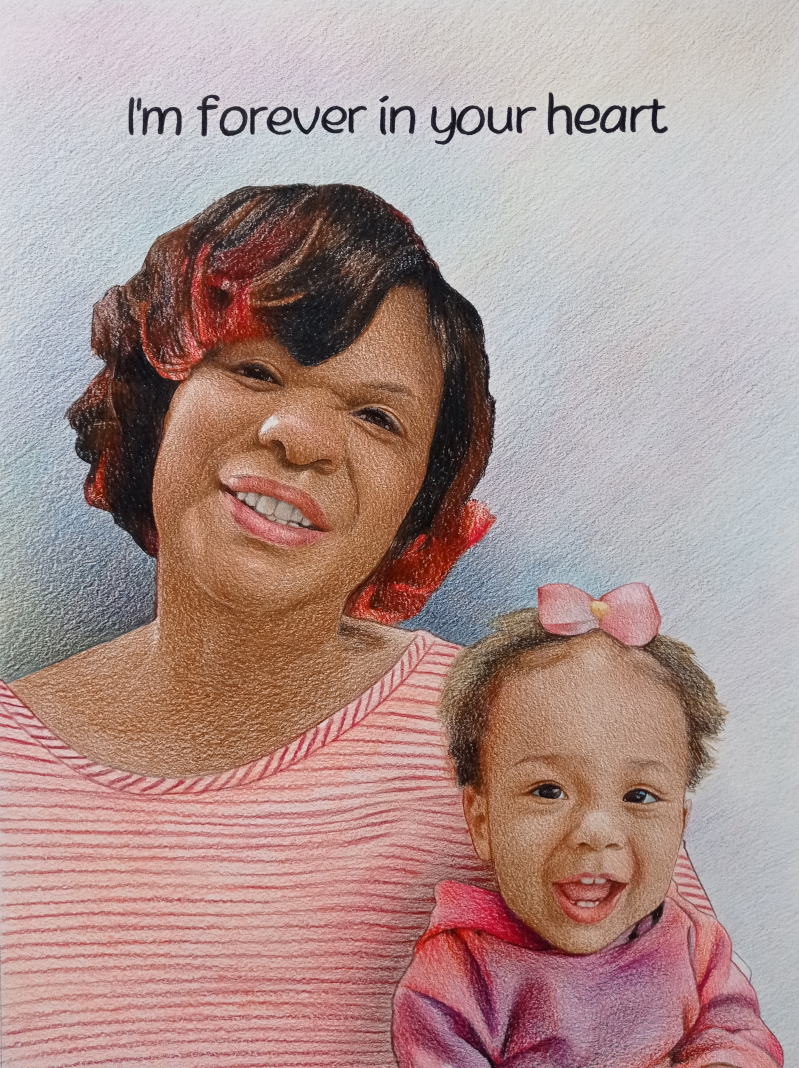 Colored pencil drawing of a woman and toddler, text reads I`m forever in your heart