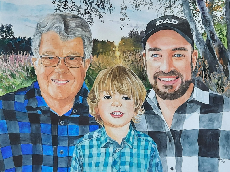 Watercolor portrait of three generations of men: grandfather, father, and son.