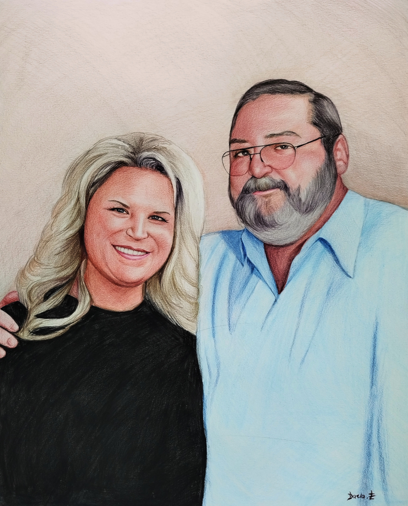 Colored pencil portrait of a man and woman.