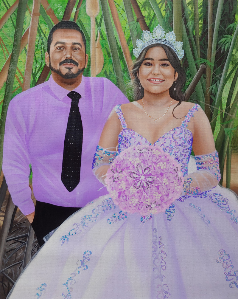 Painting of a father and his quincea?era daughter in a bamboo forest.