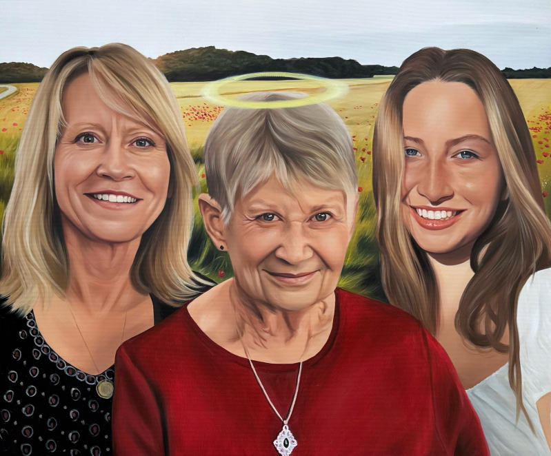 Painting of three generations of women, the middle woman has a halo above her head.