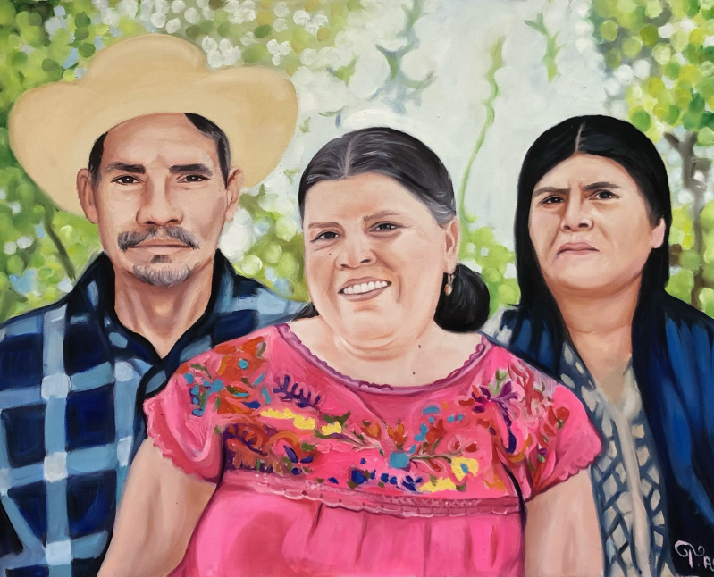 Oil painting portrait of a family: a man in a straw hat, a woman in a pink embroidered blouse, and a woman in a dark blue shawl.