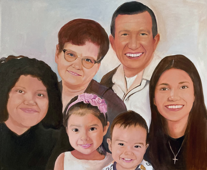 Painted portrait of a multigenerational family: two women, two girls, one boy, and one man.
