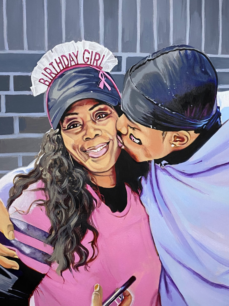 Painting of a woman wearing a Birthday Girl hat and a man kissing her cheek.