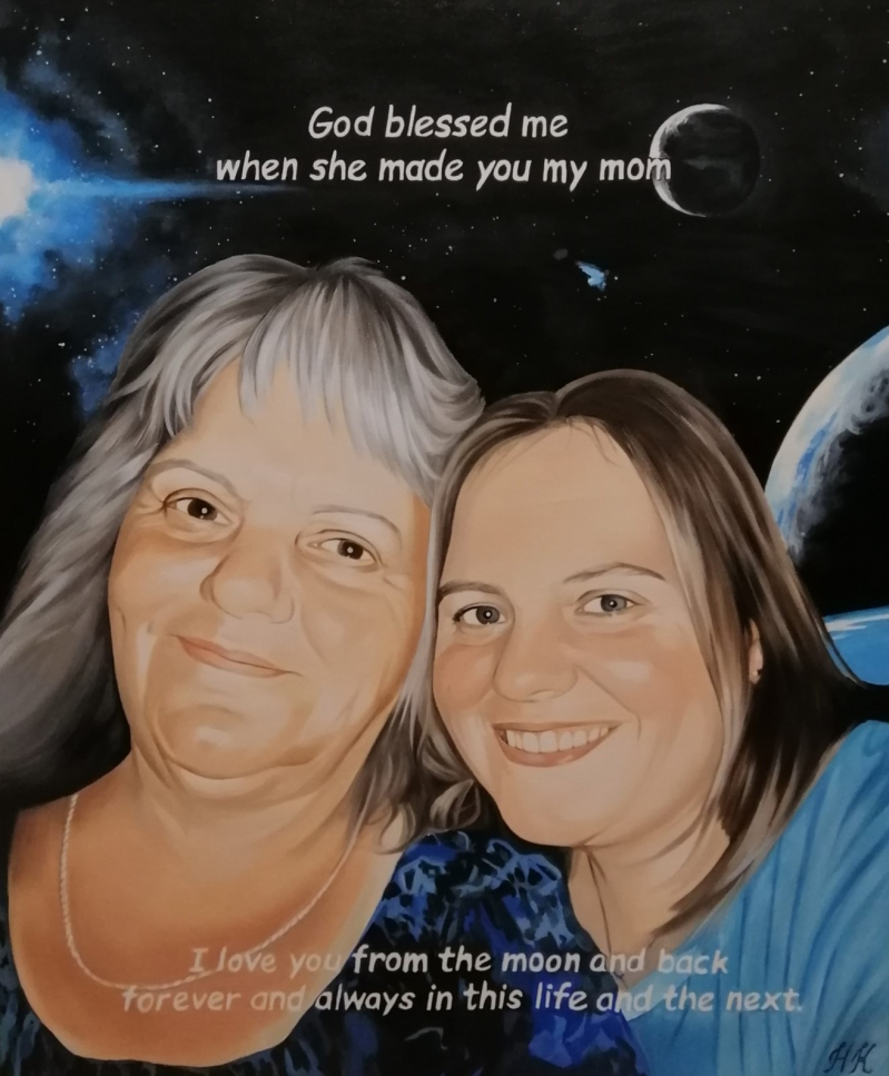 Painting of a mother and daughter with a space-themed background and loving messages.