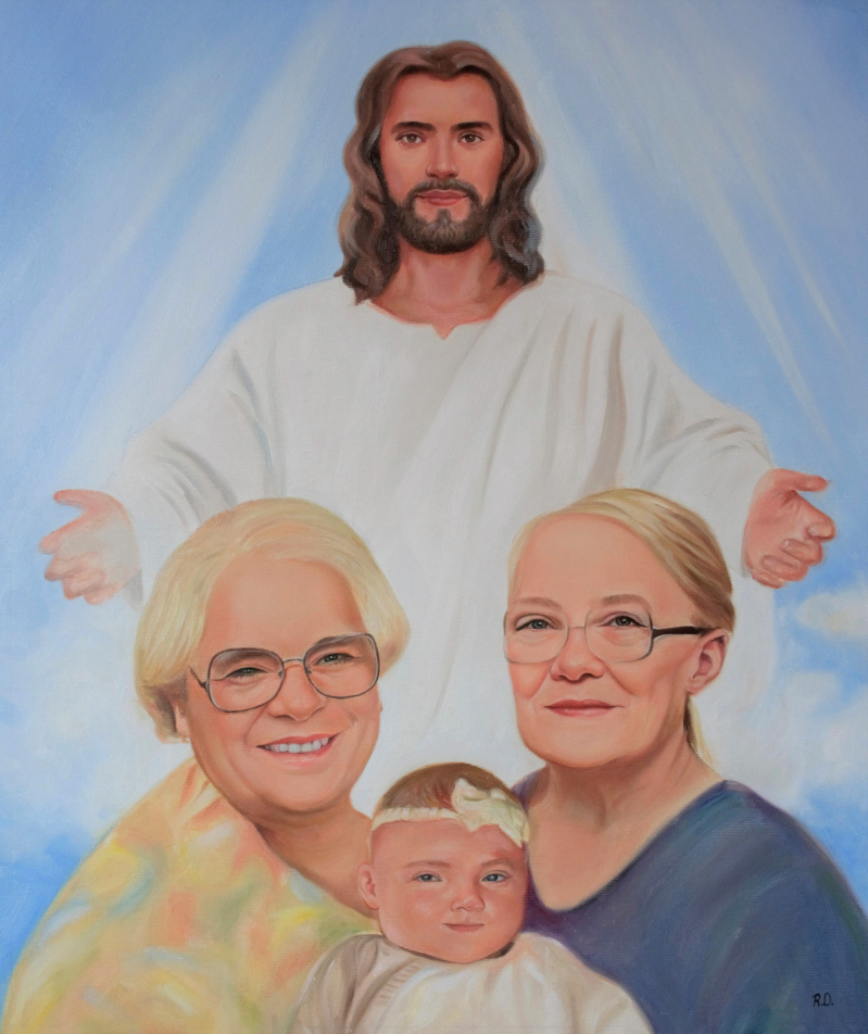 Painting of Jesus Christ with two women and a baby.