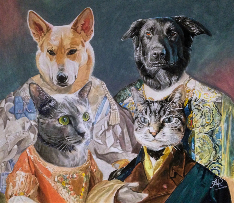Painting of two dogs and two cats in ornate clothing resembling a royal portrait.