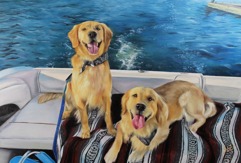 Two Golden Retrievers on a boat, wearing bandanas.