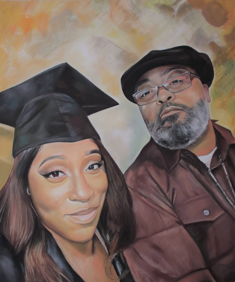 Portrait painting of a young woman in a graduation cap and gown with a man wearing glasses and a newsboy cap.