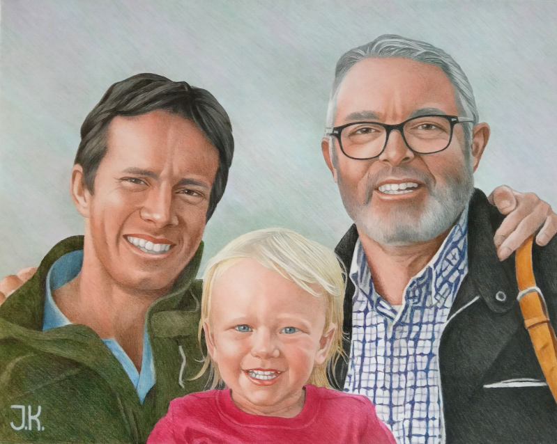 Family portrait in colored pencil, two men and a toddler.