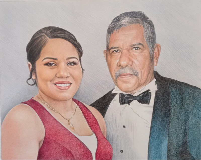 Colored pencil portrait of a woman and man.