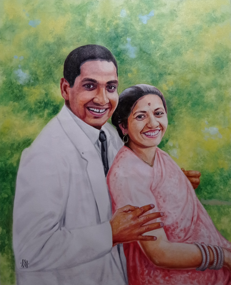 Painting of a smiling couple, the man in a white jacket and the woman in a pink sari, against a green background.