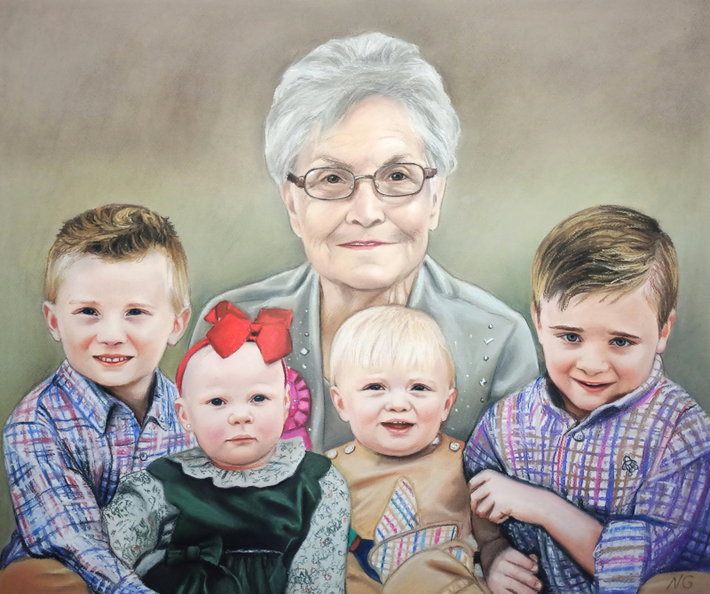 Pastel portrait of a grandmother with her four grandchildren.