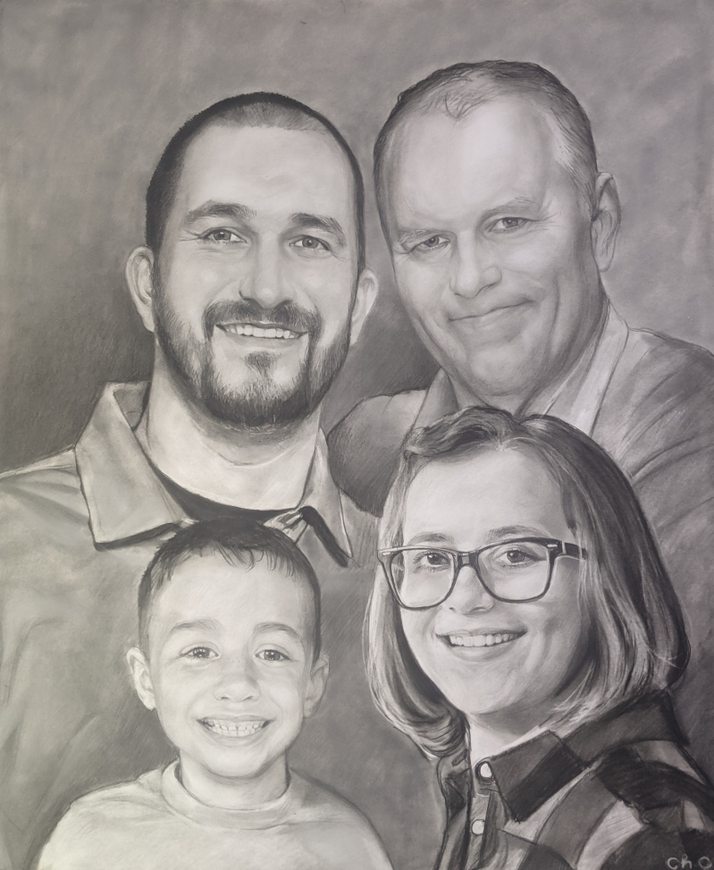 Black and white charcoal portrait of a family: two men, a woman, and a young boy.