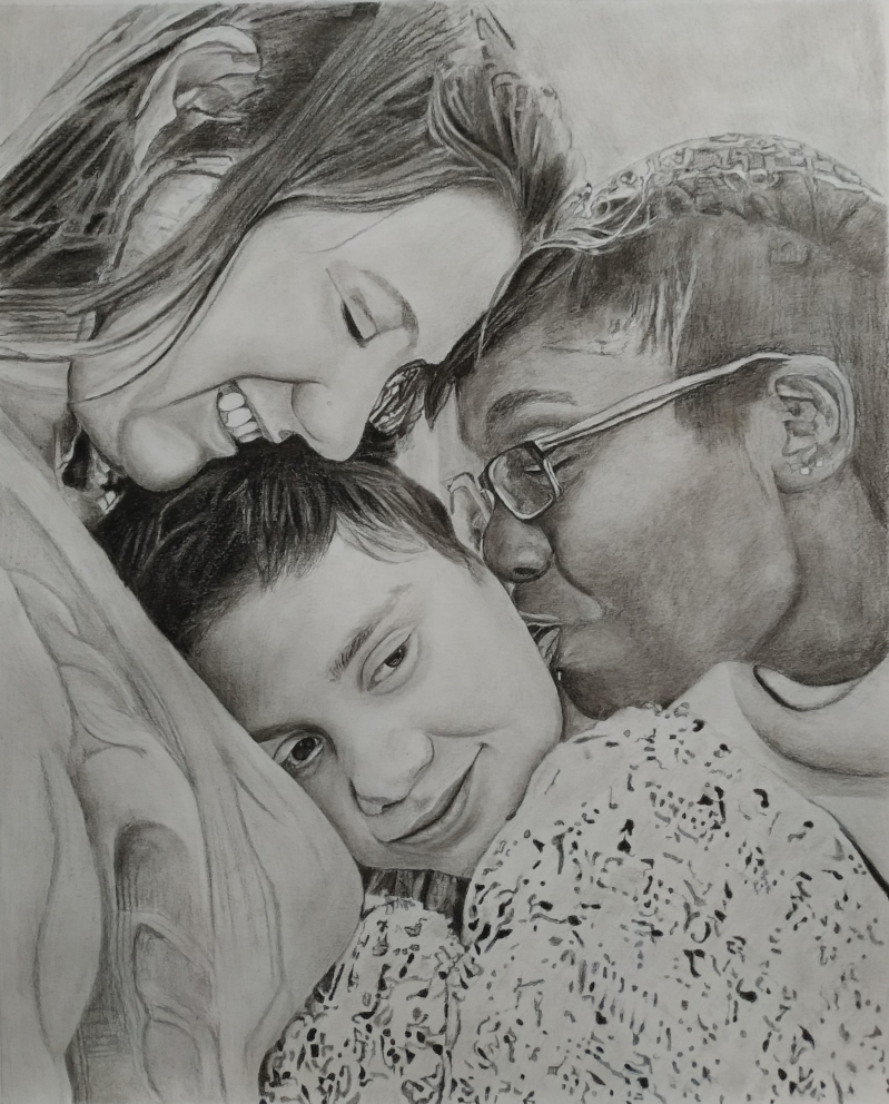 Graphite pencil drawing of two women and a child embracing.