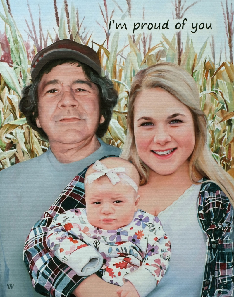 Painting of a man, woman, and baby in a cornfield, text overlay reads I`m proud of you