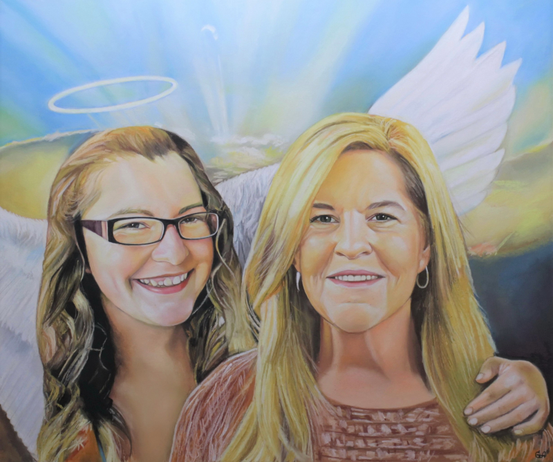 Portrait painting of two women, one with angel wings and halo.