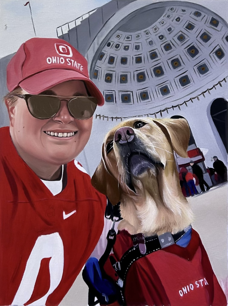 Painting of a woman and her dog in Ohio State gear in front of Ohio Stadium.