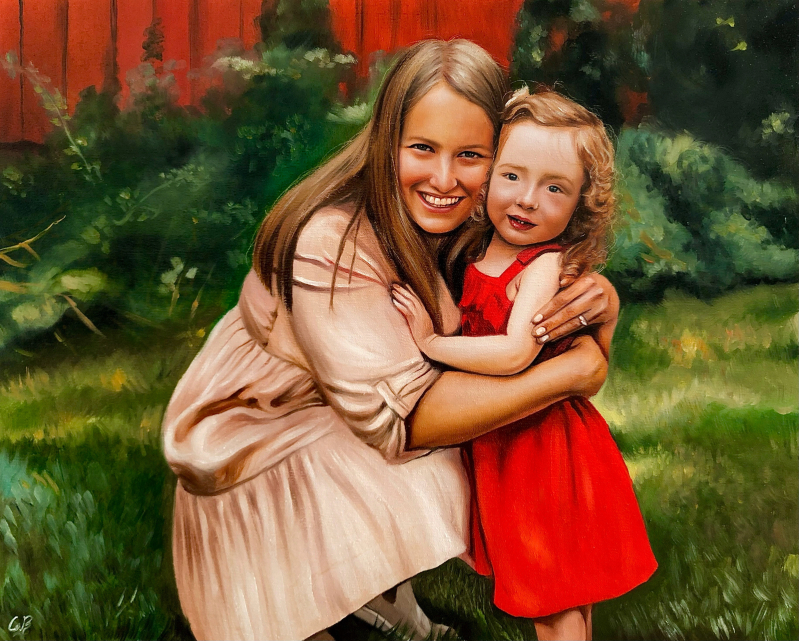 Oil painting of a woman and young girl hugging outdoors