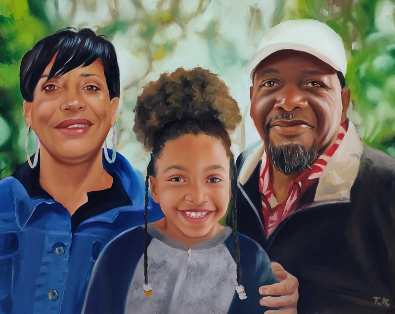 Painted portrait of a family: a woman, a girl, and a man.