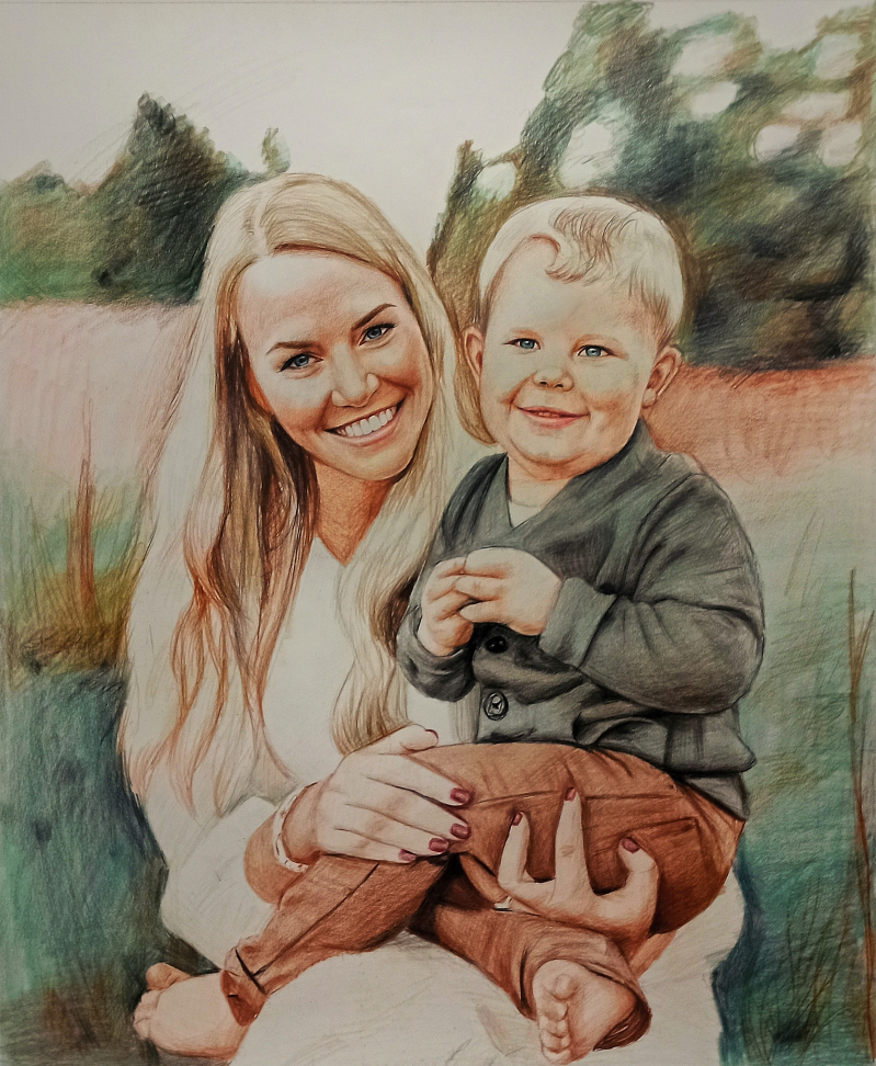 Colored pencil portrait of a mother and young son.