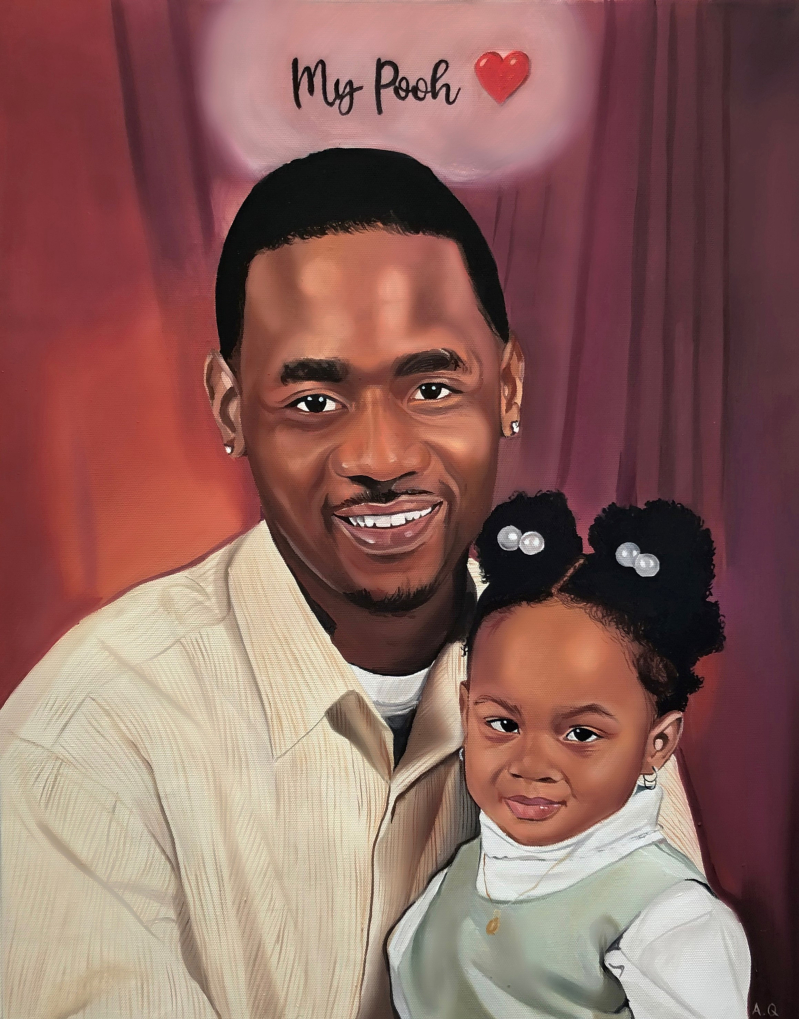 Painting of a man and young girl, My Pooh with a heart above them.