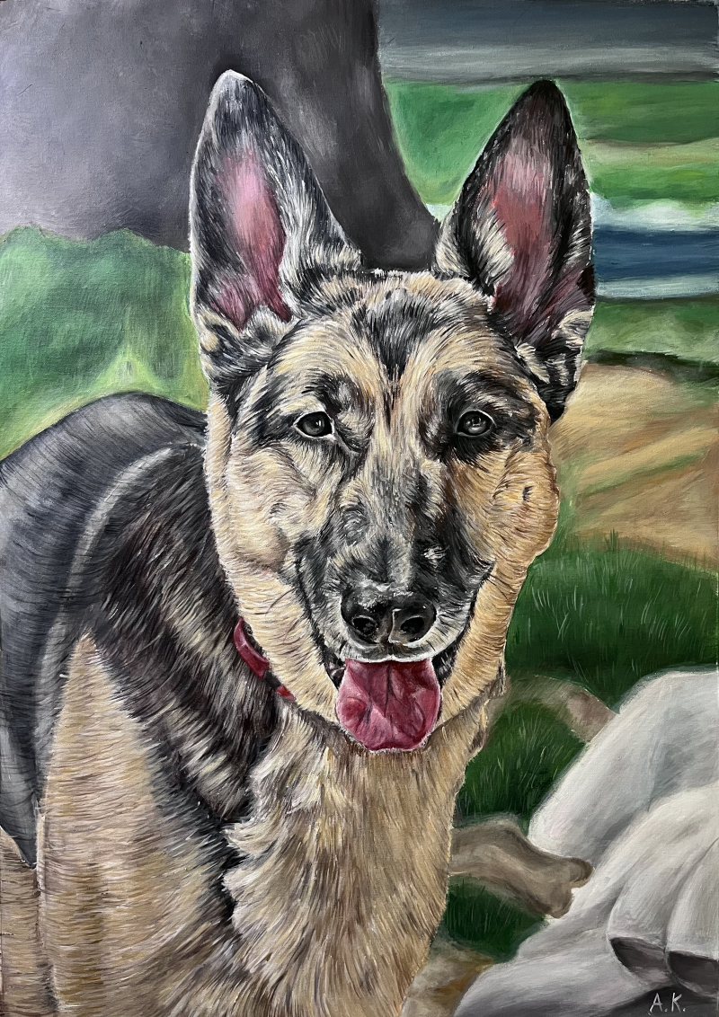 Painting of a German Shepherd dog with its tongue out.