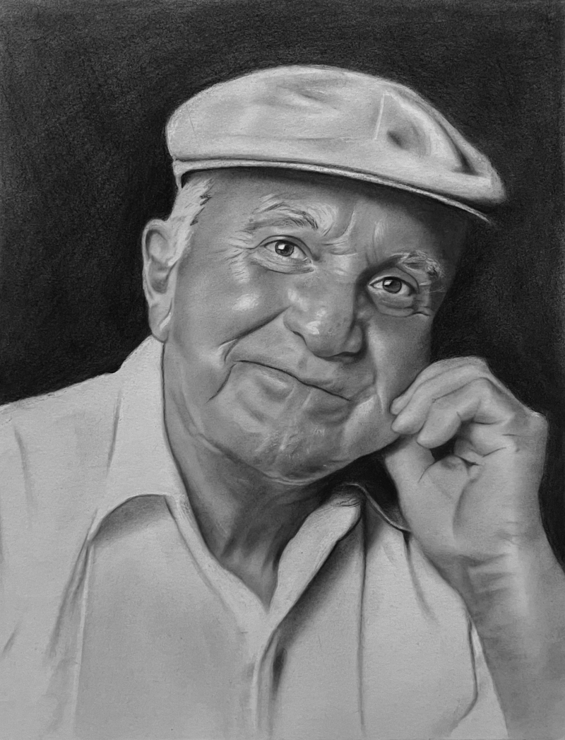 Black and white pencil portrait of an elderly man wearing a flat cap.
