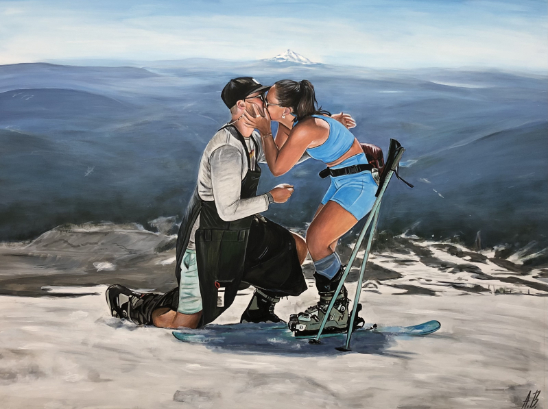 Painting of a man proposing to a woman on a snowy mountaintop, she kisses him.