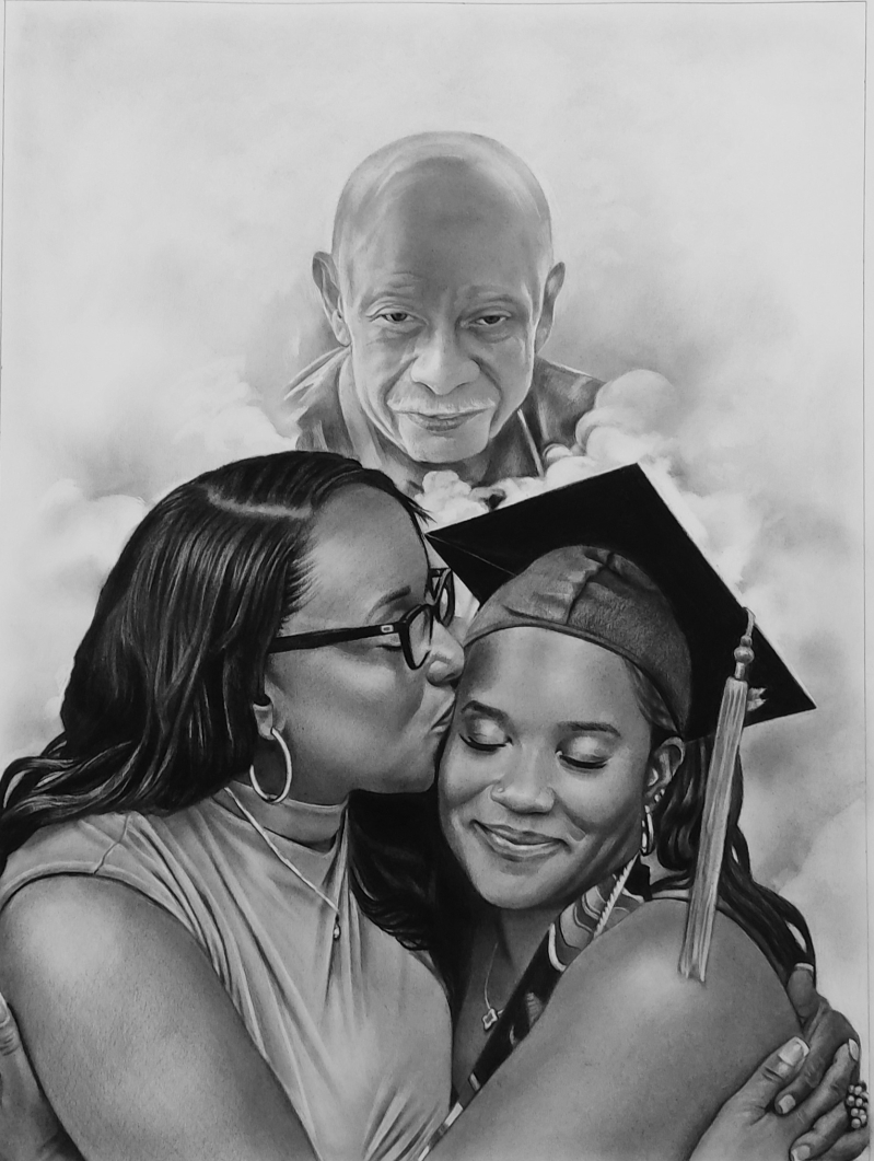 Black and white drawing of a mother and daughter embracing, with a deceased grandfather appearing faintly in the background.