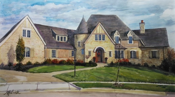 custom watercolor painting of yellow house with black roof