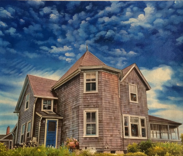 Custom oil handmade painting of grey brown woods house