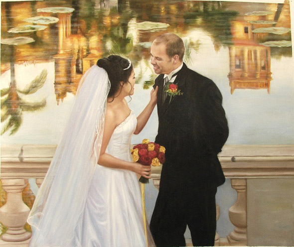 Painting of a bride and groom by a reflecting pool.