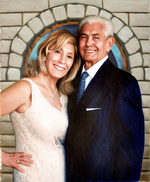 custom oil portrait of happy couple woman in dress