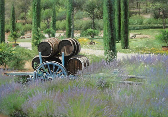 oil painting of barrels and fields