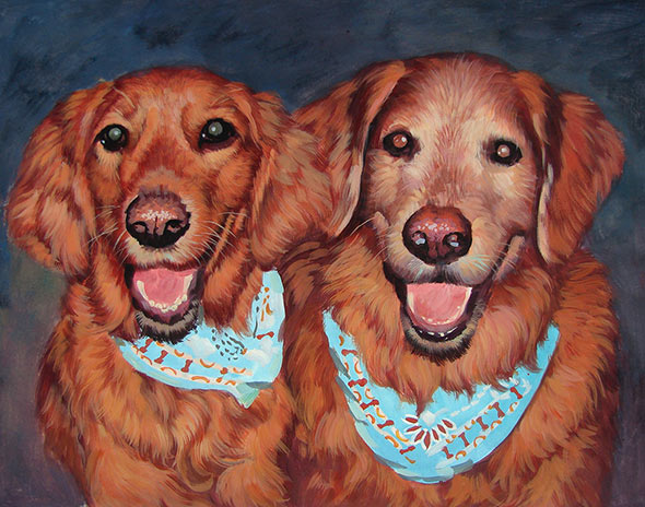 Painting of two Golden Retrievers wearing blue bandanas