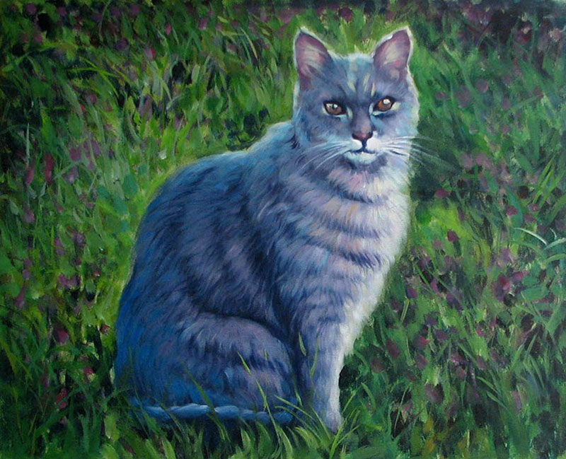 custom acrylic painting of grey cat outdoors
