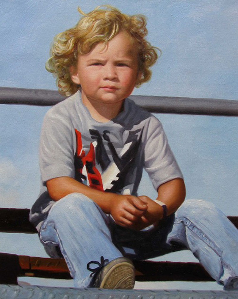 a custom oil painting of a blonde boy sitting