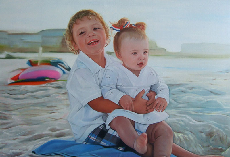an oil painting of two siblings at the beach