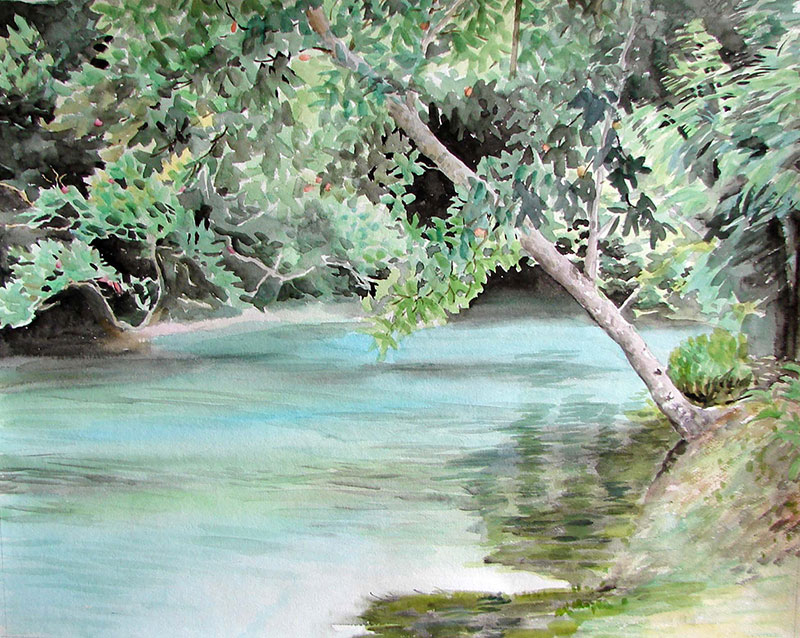 custom watercolor painting of a lake surrounded by trees
