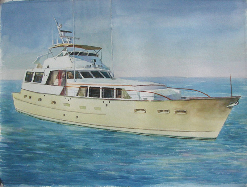 custom watercolor painting of a boat in the ocean
