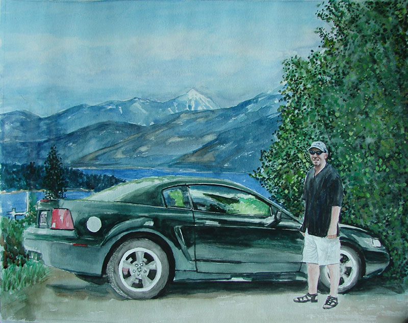 custom watercolor painting of man next to black car