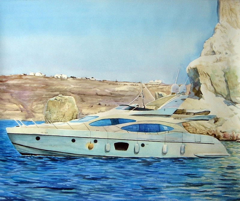 custom watercolor painting of a boat in the water