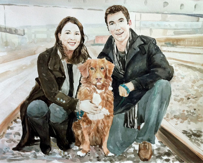 custom watercolor painting of Asian couple with brown dog